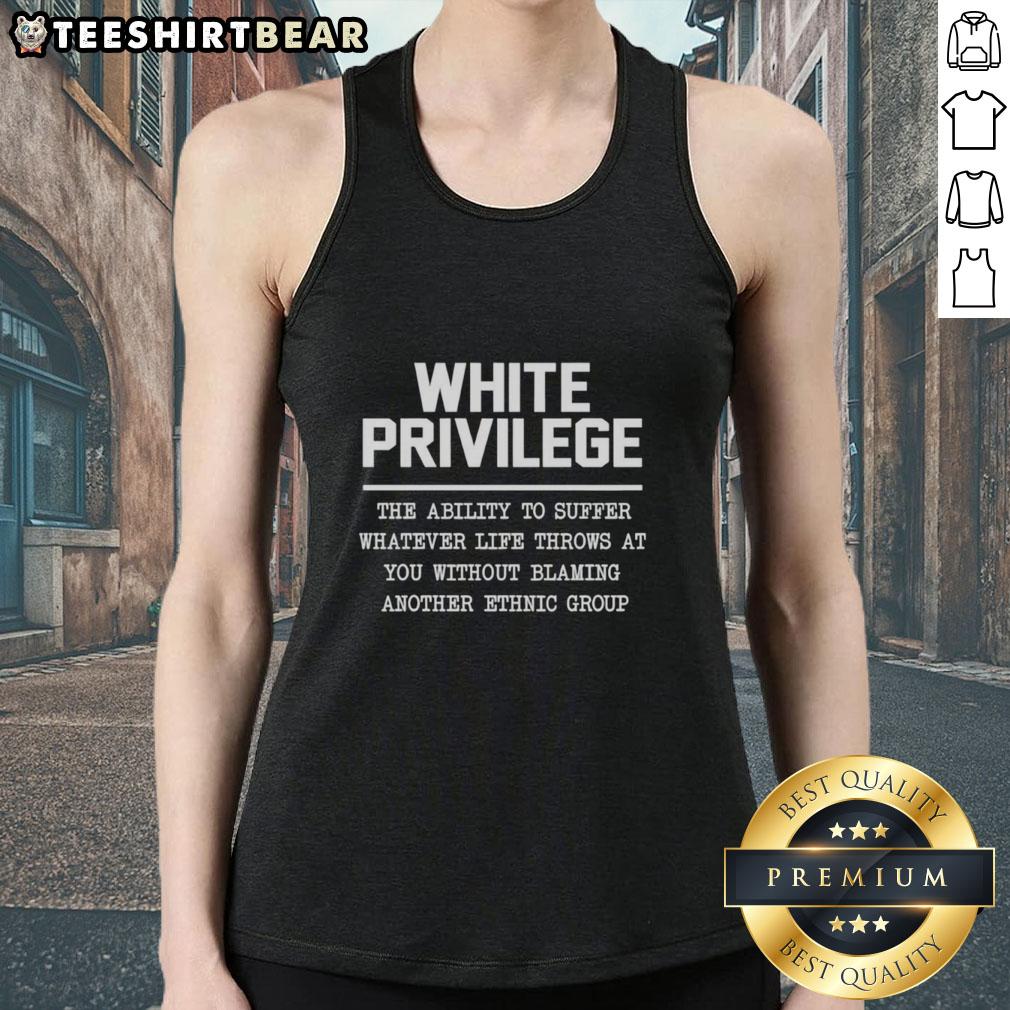 Anti-racist social justice tank top featuring 'Pretty White Privilege' slogan, promoting awareness and conversation.