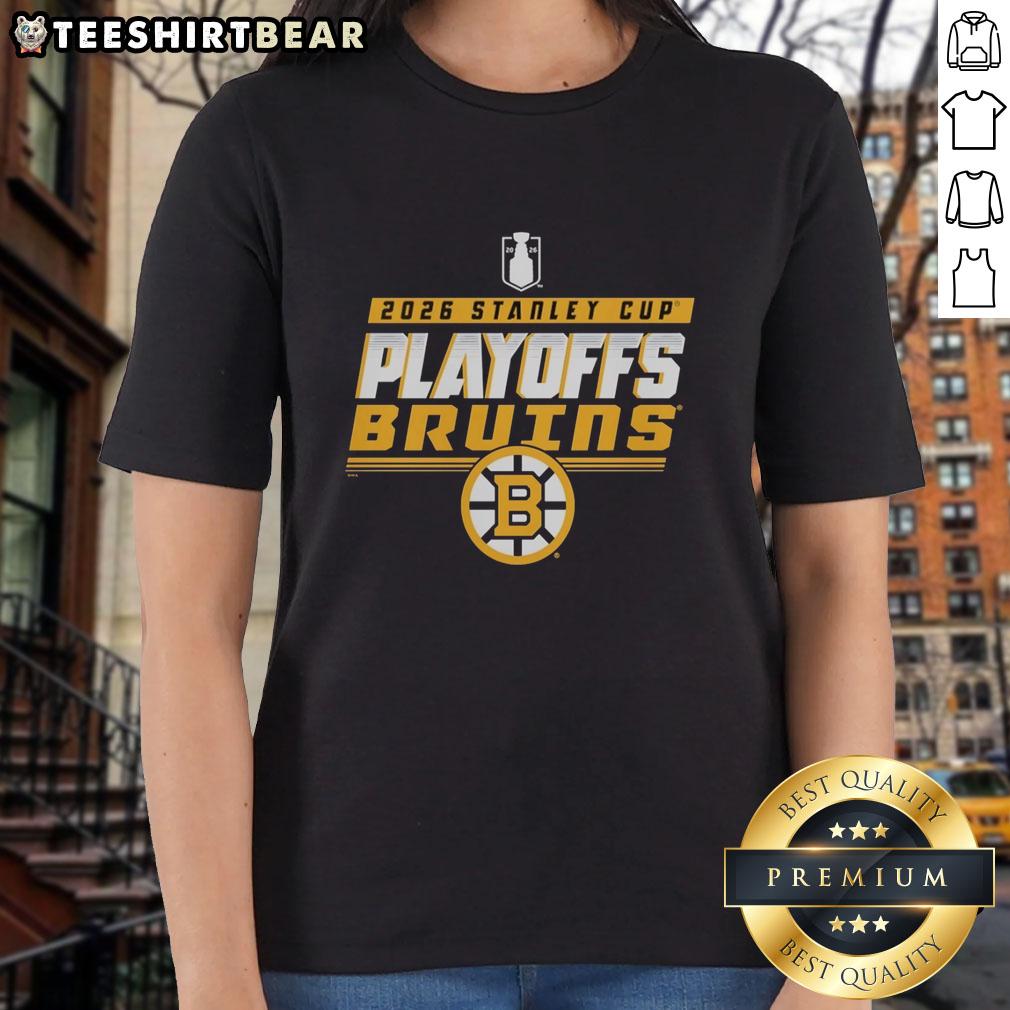 Alt Text: Ladies' tee featuring the Top Boston Bruins Stanley Cup Playoffs 2026 logo, perfect for fans and game day attire.