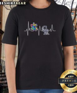 Top Colorado Rockies Autism Puzzle Heartbeat Ladies Tee featuring a vibrant design celebrating autism awareness and support.