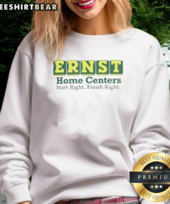 Top Ernst Home Center Start Right Finish Right sweatshirt in navy blue, perfect for home improvement enthusiasts.