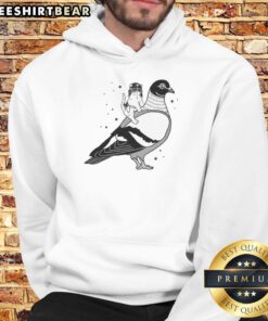 Top Gary riding pigeon cat in a hat flies on the back of a dove hoodie, showcasing a whimsical animal adventure.