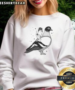 Top Gary riding pigeon cat in a hat flies on the back of a dove sweatshirt, showcasing whimsical pet fashion.