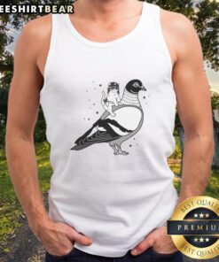 Alt Text: Gary the cat in a hat rides on the back of a dove tank top, showcasing a whimsical and playful scene.