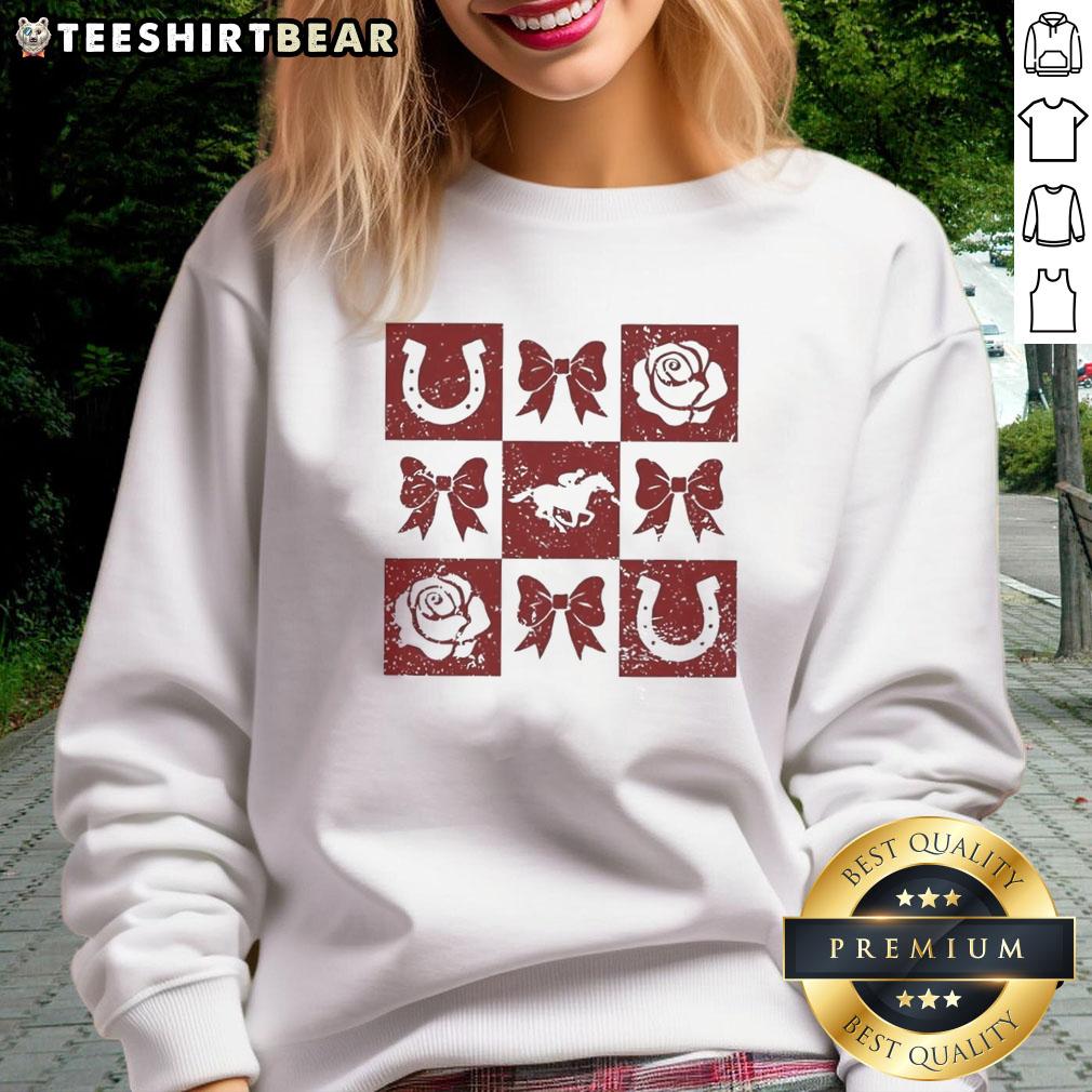 Top Greatest Race Horse sweatshirt featuring horseshoe and bow rose icons, perfect for equestrian and racing fans.