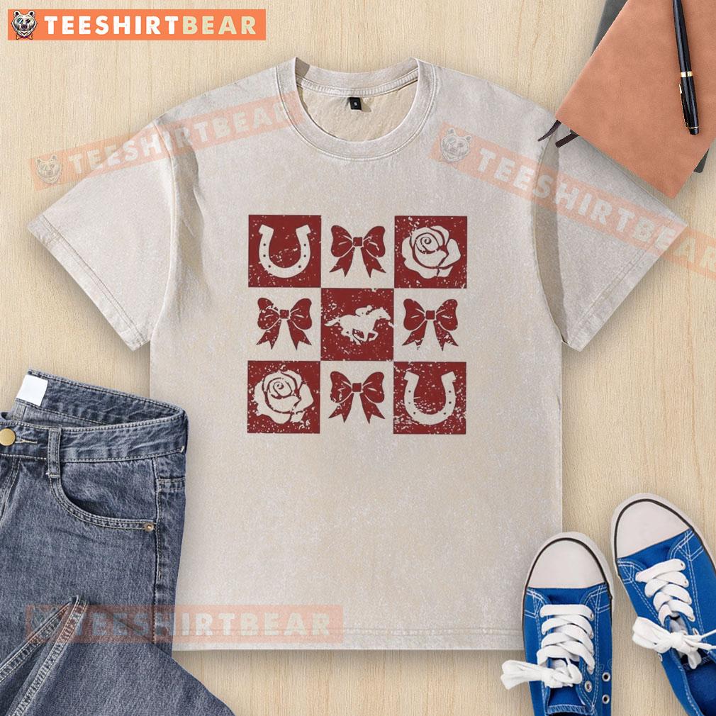 Top Greatest Race Horse Racing graphic on a washed t-shirt featuring horseshoe and bow rose icons.
