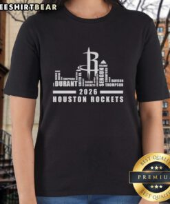 Top Houston Rocket Basketball 2026 players word art on a ladies tee with Houston city skyline background.