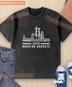 Top Houston Rockets basketball 2026 players graphic on a city skyline word art washed t-shirt design.
