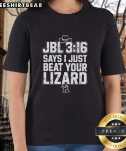Top JBL 316 'I Just Beat Your Lizard' Ladies Tee featuring playful lizard graphics and vibrant colors for a fun look.