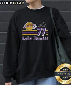 Alt Text: Top Lakers Luka Doncic signature jersey sweatshirt featuring team colors and design for fans and players.