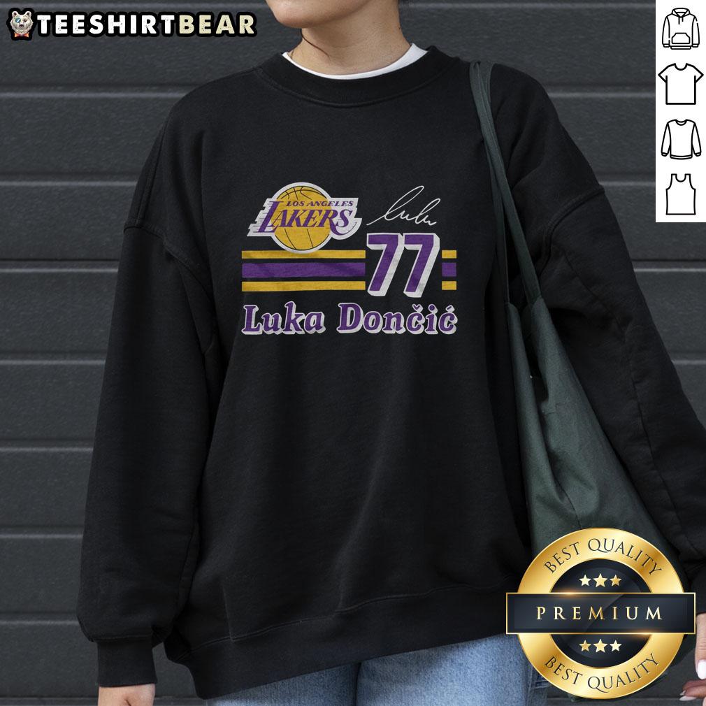 Alt Text: Top Lakers Luka Doncic signature jersey sweatshirt featuring team colors and design for fans and players.