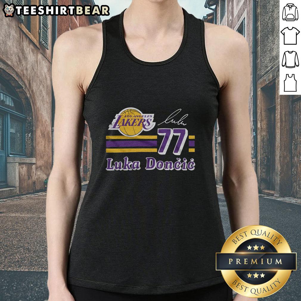 Alt Text: Top Lakers Luka Doncic signature jersey tank top featuring vibrant colors and stylish design for basketball fans.