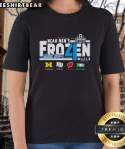 2026 Frozen Four Men's Hockey tee featuring Michigan, Denver, Wisconsin, and North Dakota logos on a stylish ladies shirt.