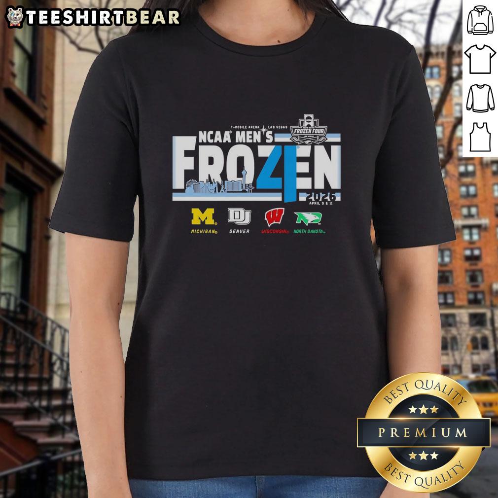 2026 Frozen Four Men's Hockey tee featuring Michigan, Denver, Wisconsin, and North Dakota logos on a stylish ladies shirt.