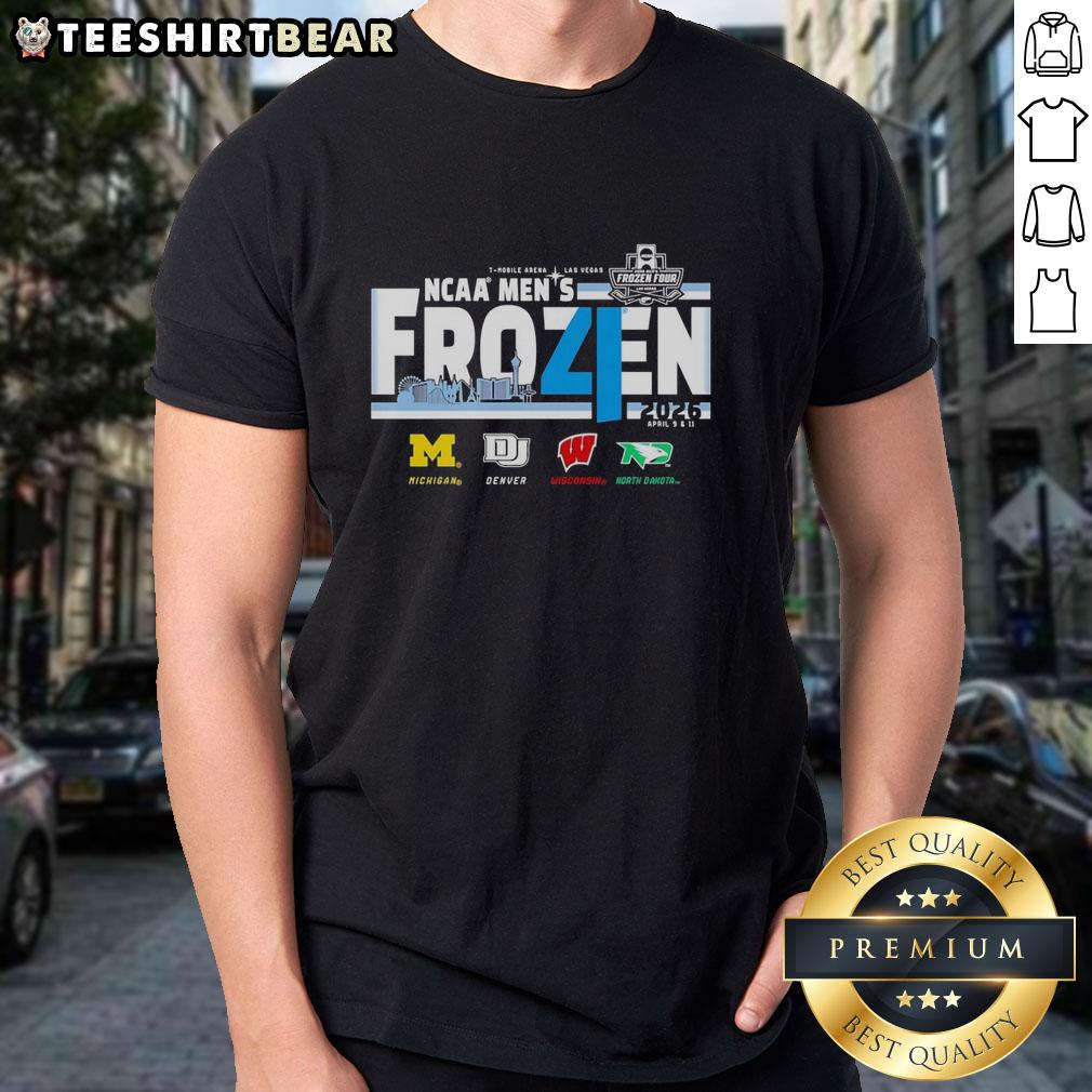 Top Michigan Denver Wisconsin North Dakota NCAA 2026 Frozen Four Men's Hockey T-Shirt featuring team logos and vibrant design.