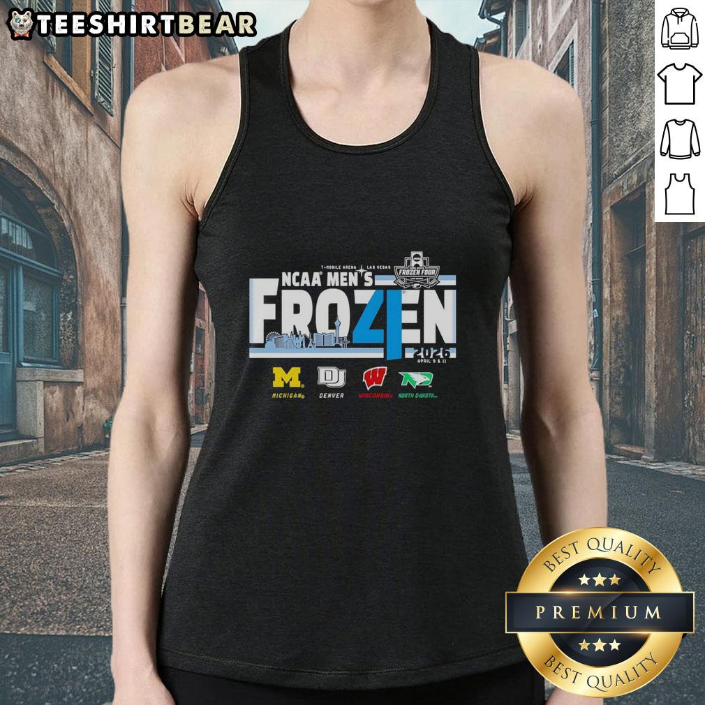 Men's hockey tank top featuring NCAA 2026 Frozen Four logos for Michigan, Denver, Wisconsin, and North Dakota.