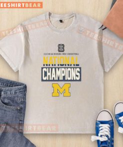 2026 NCAA Division I Men's Basketball National Champions Michigan Wolverines washed t-shirt display.