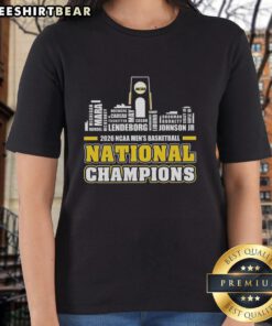 Michigan Wolverines NCAA Men's Basketball National Champions ladies tee with city skyline design, perfect for fans.