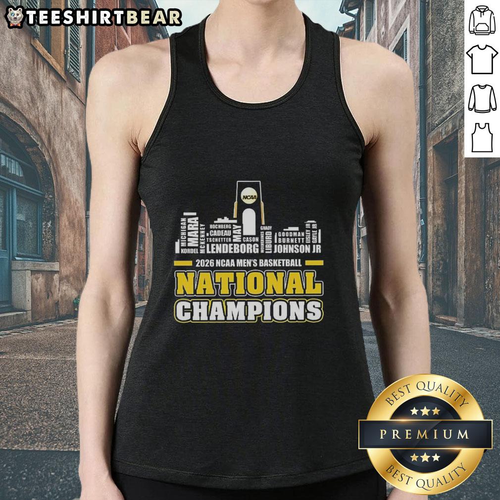 Top Michigan Wolverines NCAA Men's Basketball National Champions tank top with city skyline design.