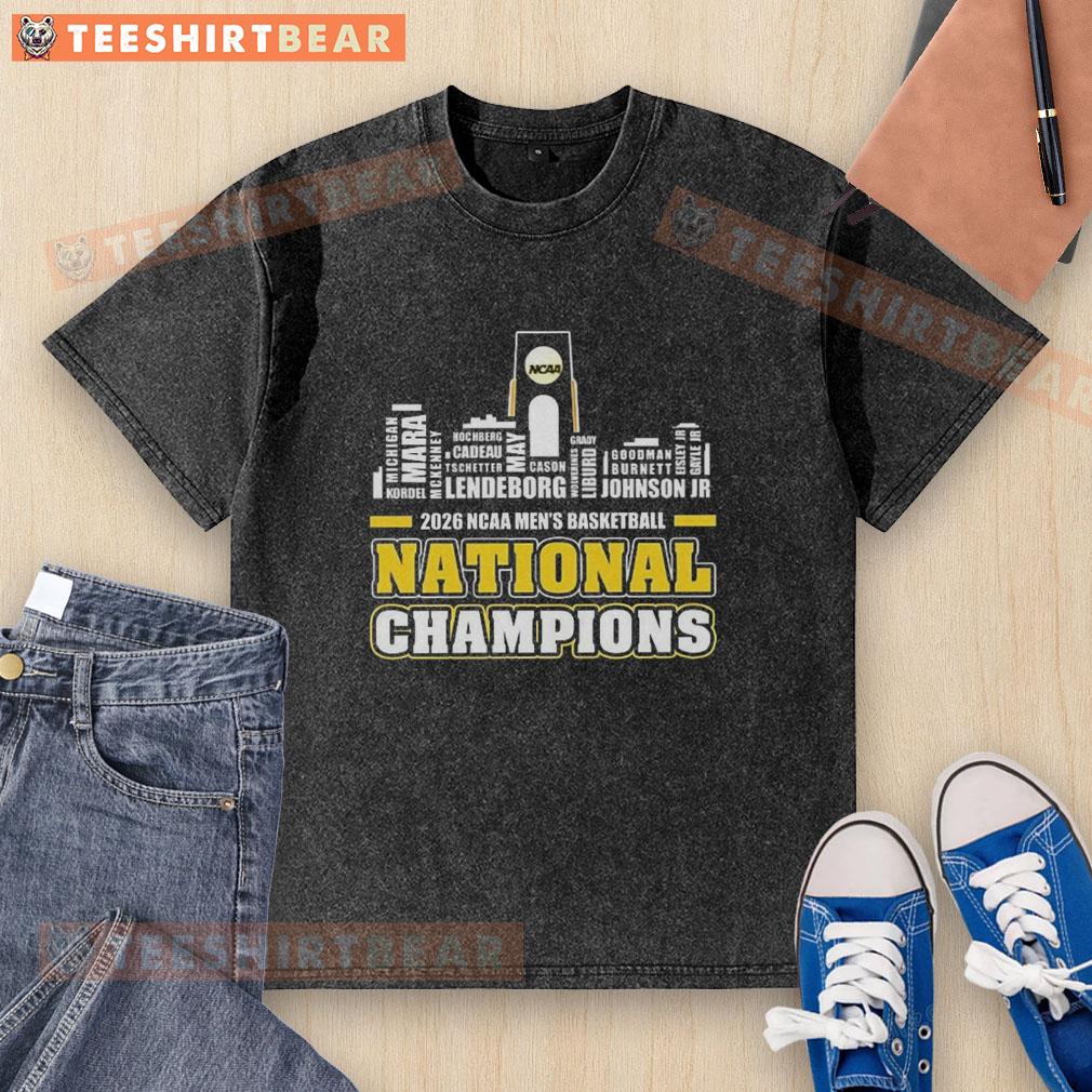 Top Michigan Wolverines NCAA Men's Basketball National Champions City Skyline Washed T-Shirt displayed against skyline.