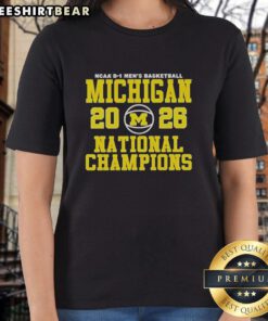 Alt Text: Top Michigan Wolverines NCAA D-1 Men's Basketball National Champions 2026 ladies tee design featuring team colors.