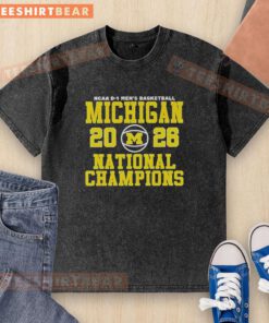 2026 NCAA D-1 Men's Basketball National Champions Michigan Wolverines washed t-shirt showcasing team pride and style.