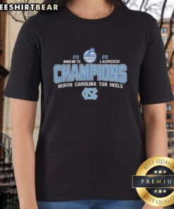Alt Text: 2026 ACC Men's Lacrosse Tournament Champions tee featuring North Carolina Tar Heels logo and design.
