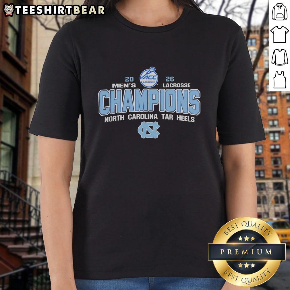 Alt Text: 2026 ACC Men's Lacrosse Tournament Champions tee featuring North Carolina Tar Heels logo and design.