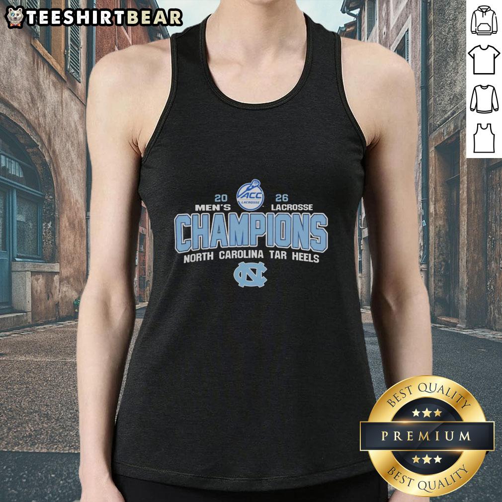 Alt Text: North Carolina Tar Heels 2026 ACC Men's Lacrosse Tournament Champions tank top featuring team colors and logo.