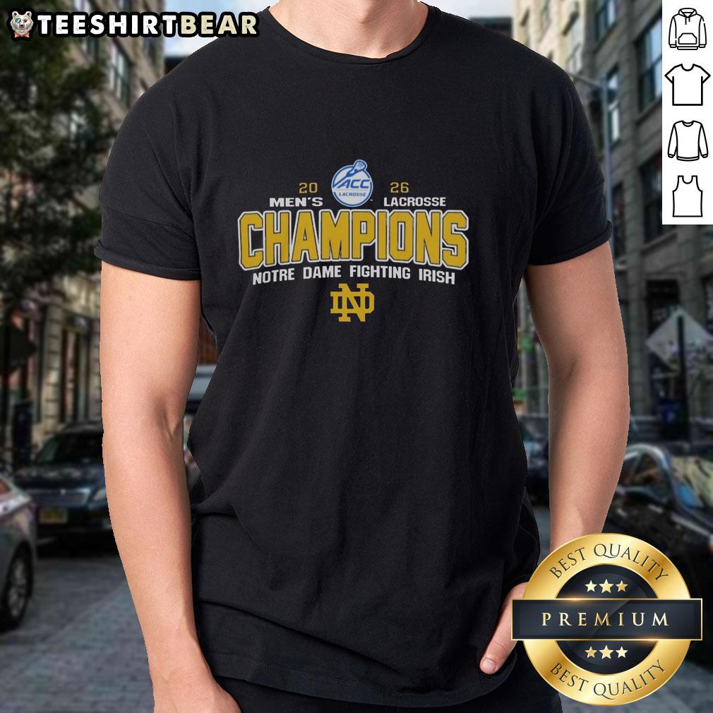 Alt Text: 2026 NCAA Notre Dame Fighting Irish Lacrosse Tournament Champions T-Shirt featuring team logo and vibrant design.