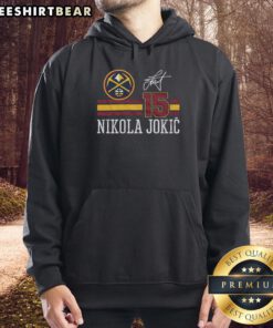 Alt Text: Nikola Jokic Signature Jersey Hoodie featuring Denver Nuggets logo, perfect for fans and collectors.