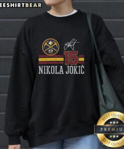 Alt Text: Nikola Jokic signature jersey sweatshirt featuring the Denver Nuggets logo, perfect for fans of the NBA star.