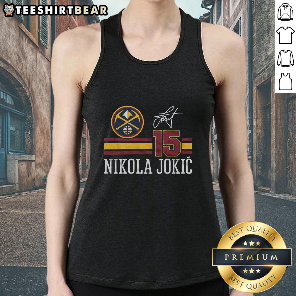Alt Text: Top Nuggets Nikola Jokic signature jersey tank top featuring vibrant colors and player graphics for basketball fans.