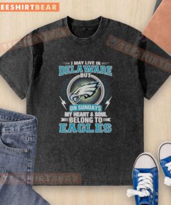 Delaware fan in a washed Philadelphia Eagles t-shirt, showcasing team pride on game day with heart and soul for the Eagles.