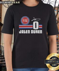 Jalen Duren signature jersey ladies tee featuring Detroit Pistons logo, perfect for female basketball fans.