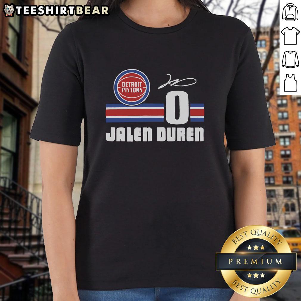Jalen Duren signature jersey ladies tee featuring Detroit Pistons logo, perfect for female basketball fans.