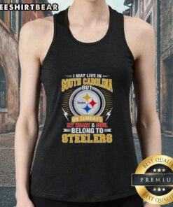 Stylish tank top featuring 'I Live In South Carolina But My Heart Belongs To Steelers' for Pittsburgh Steelers fans.