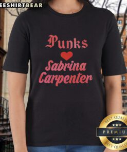 Alt Text: Sabrina Carpenter wearing a stylish Top Punks ladies tee, showcasing a modern and trendy design.