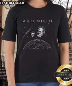 Top Snoopy and Woodstock flying in outer space graphic on NASA Artemis II ladies tee shirt, showcasing fun space adventure.