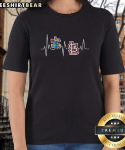 Top St. Louis Cardinals Autism Puzzle Heartbeat Ladies Tee featuring vibrant colors and a unique design for fans.