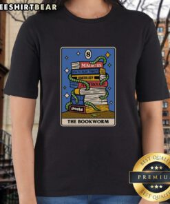Alt Text: Top The Bookworm Tarot Ladies Tee featuring unique tarot card designs and stylish fit for book lovers.