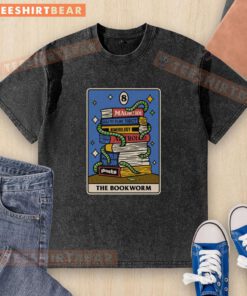 Top The Bookworm Tarot washed t-shirt featuring unique tarot card designs for book lovers and tarot enthusiasts.