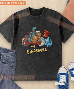 Cute washed T-shirt featuring colorful dinosaur graphics, perfect for kids who love dinosaurs and playful fashion.