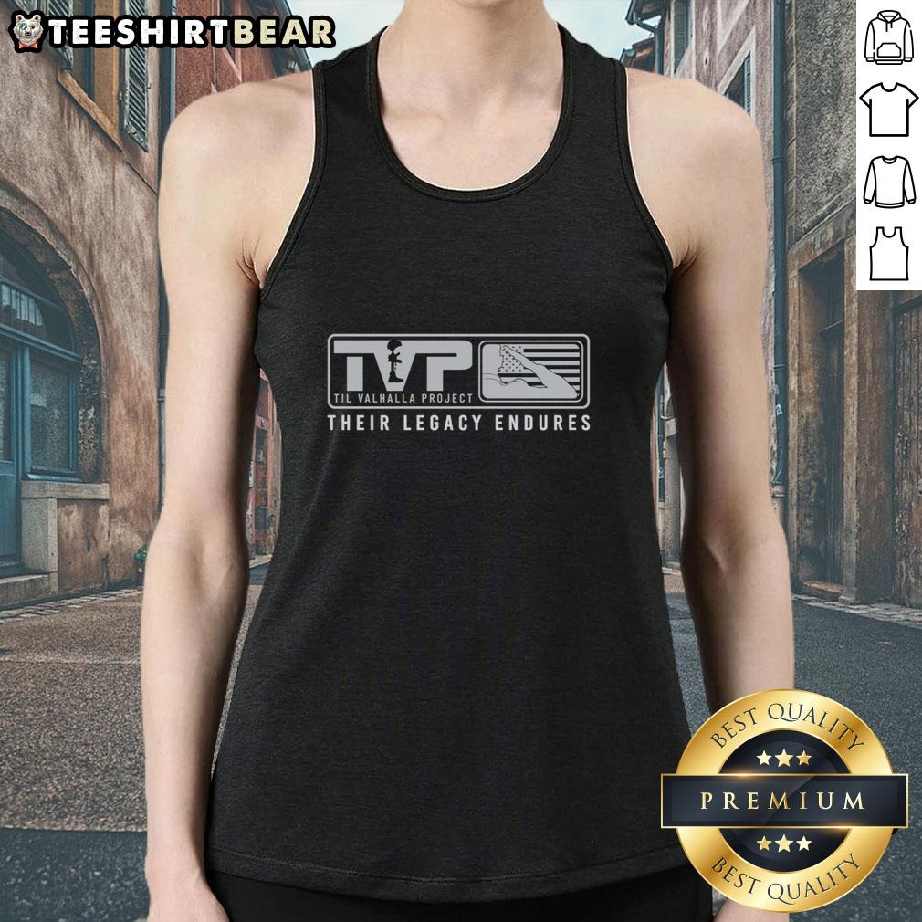 Top Til Valhalla Project tank top featuring the American flag, symbolizing enduring legacy and patriotism.