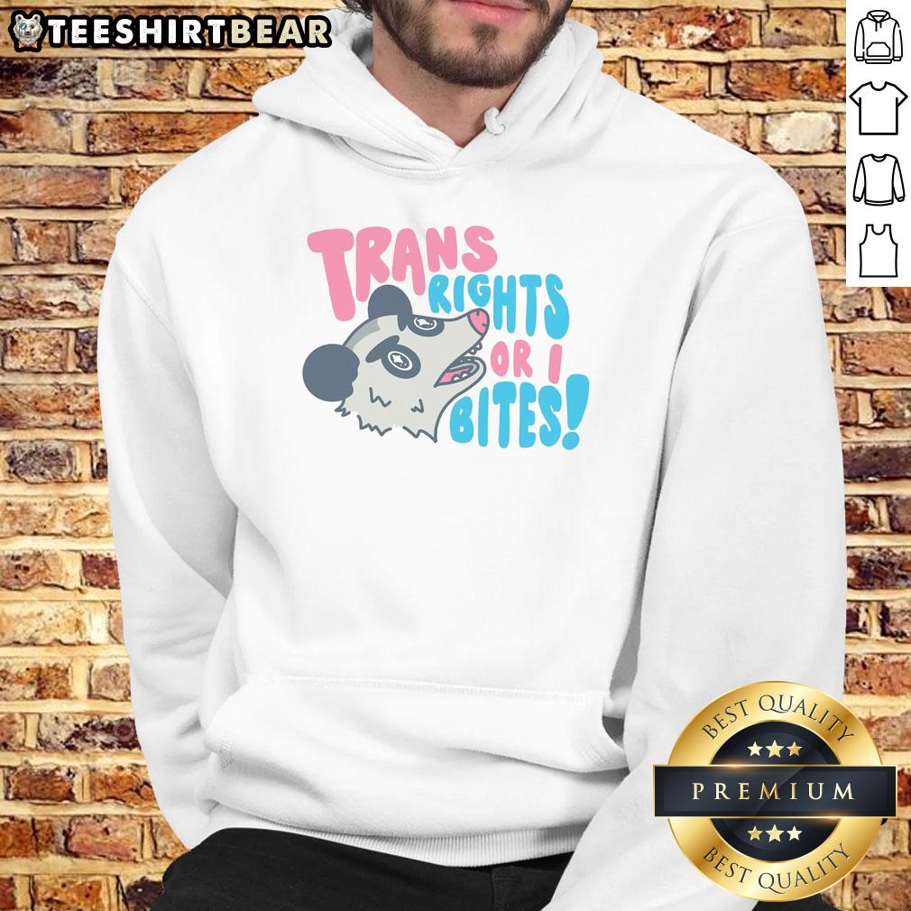 Top Trans Rights or I Bites Hoodie featuring bold text, promoting LGBTQ+ rights and inclusivity in fashion.
