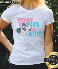 Top Trans Rights or I Bites Ladies Tee featuring a bold graphic design promoting trans rights in vibrant colors.