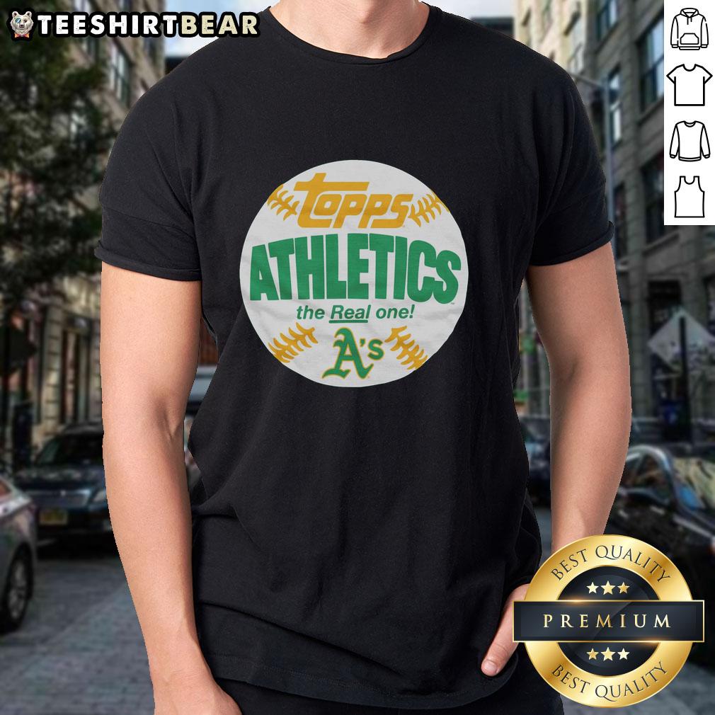 Awesome Athletics MLB x Topps 'The Real One' T-shirt featuring a bold design for baseball fans and collectors.