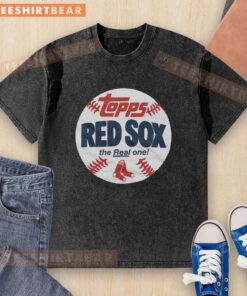 Alt Text: Awesome Boston Red Sox MLB X Topps Baseball The Real One Washed T-Shirt in red, showcasing vintage sports fashion.