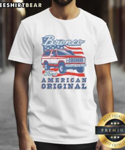 Awesome Ford Bronco American Original Carr and Flag Vintage T-Shirt featuring a classic Bronco design and patriotic colors.