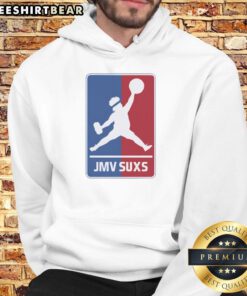 Overweight baseball pitcher wearing an 'Awesome Jmv Jmv Suxs MLB Jumpman Parody' hoodie, showcasing a humorous sports vibe.