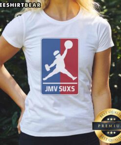Overweight baseball pitcher in a parody design on a ladies tee featuring 'Awesome Jmv Jmv Suxs MLB Jumpman.'
